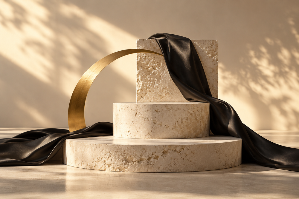 Ivory stone, black silk and a brushed gold arc in warm studio lighting