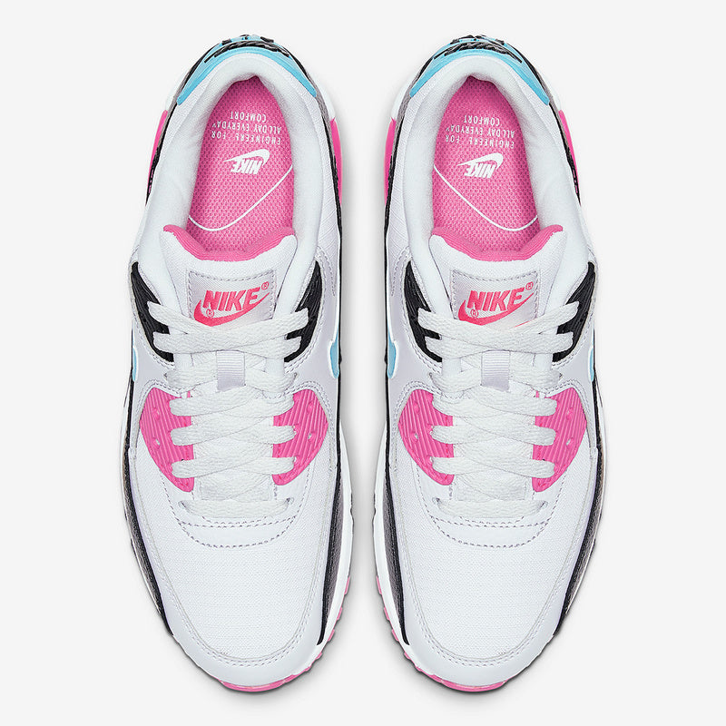 Nike Air Max 90 • Colorway: A striking mix of Hyper Pink, Light Blue (Turquoise), Black, and White