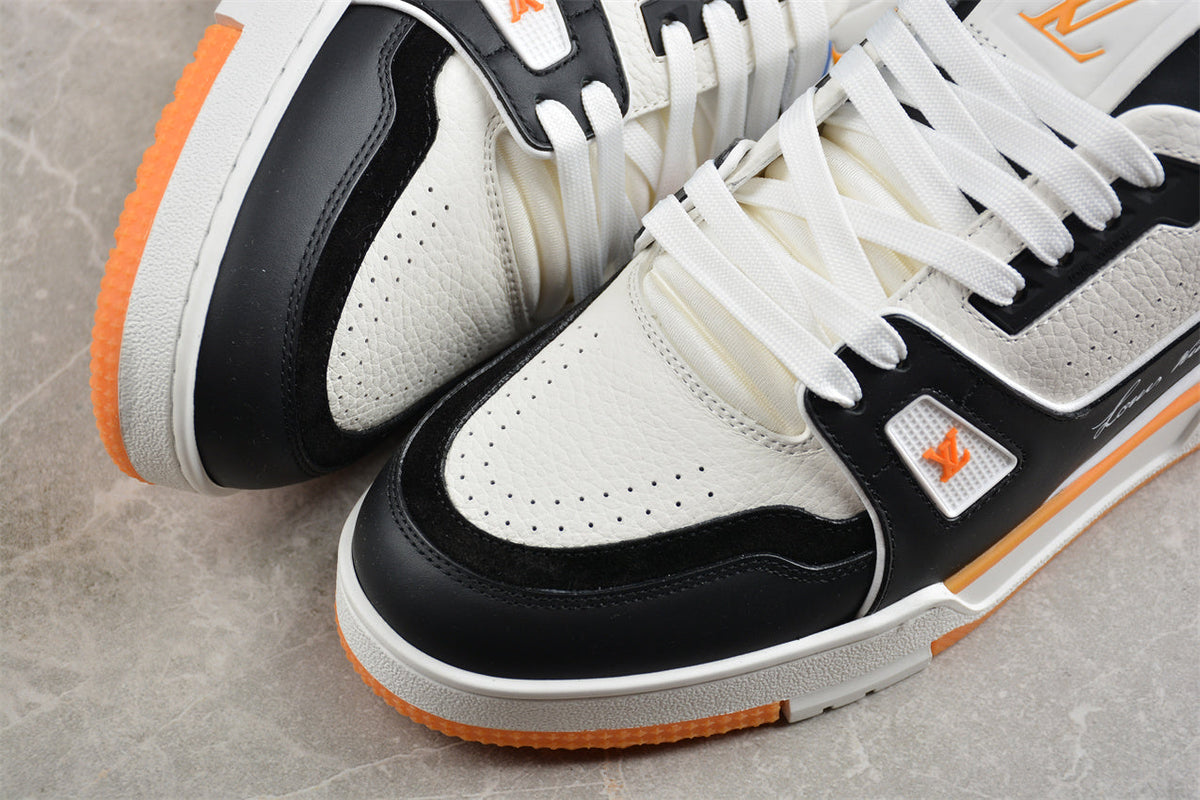 Louis Vuitton LV Trainer Sneaker Low, Black/White/Orange Italian Handmade Luxury)