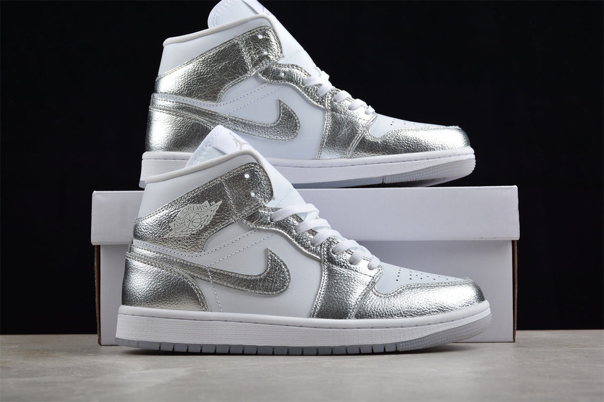 Air Jordan 1 Mid, White & Metallic Silver Edition