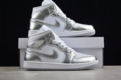 Air Jordan 1 Mid, White & Metallic Silver Edition