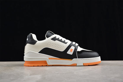 Louis Vuitton LV Trainer Sneaker Low, Black/White/Orange Italian Handmade Luxury)