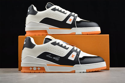Louis Vuitton LV Trainer Sneaker Low, Black/White/Orange Italian Handmade Luxury)