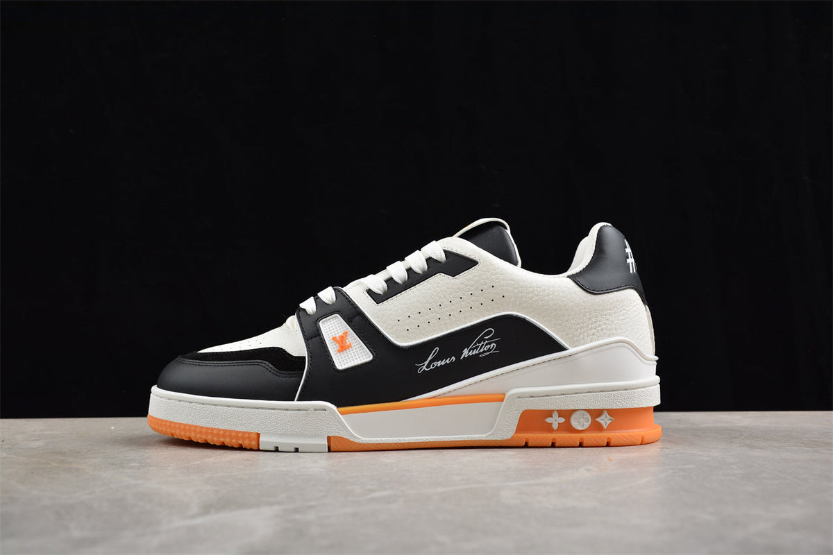 Louis Vuitton LV Trainer Sneaker Low, Black/White/Orange Italian Handmade Luxury)