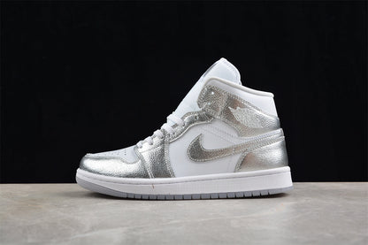 Air Jordan 1 Mid, White & Metallic Silver Edition