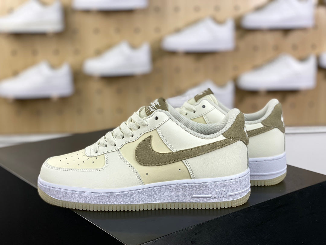 Cream and khaki low-top sneakers with white midsole