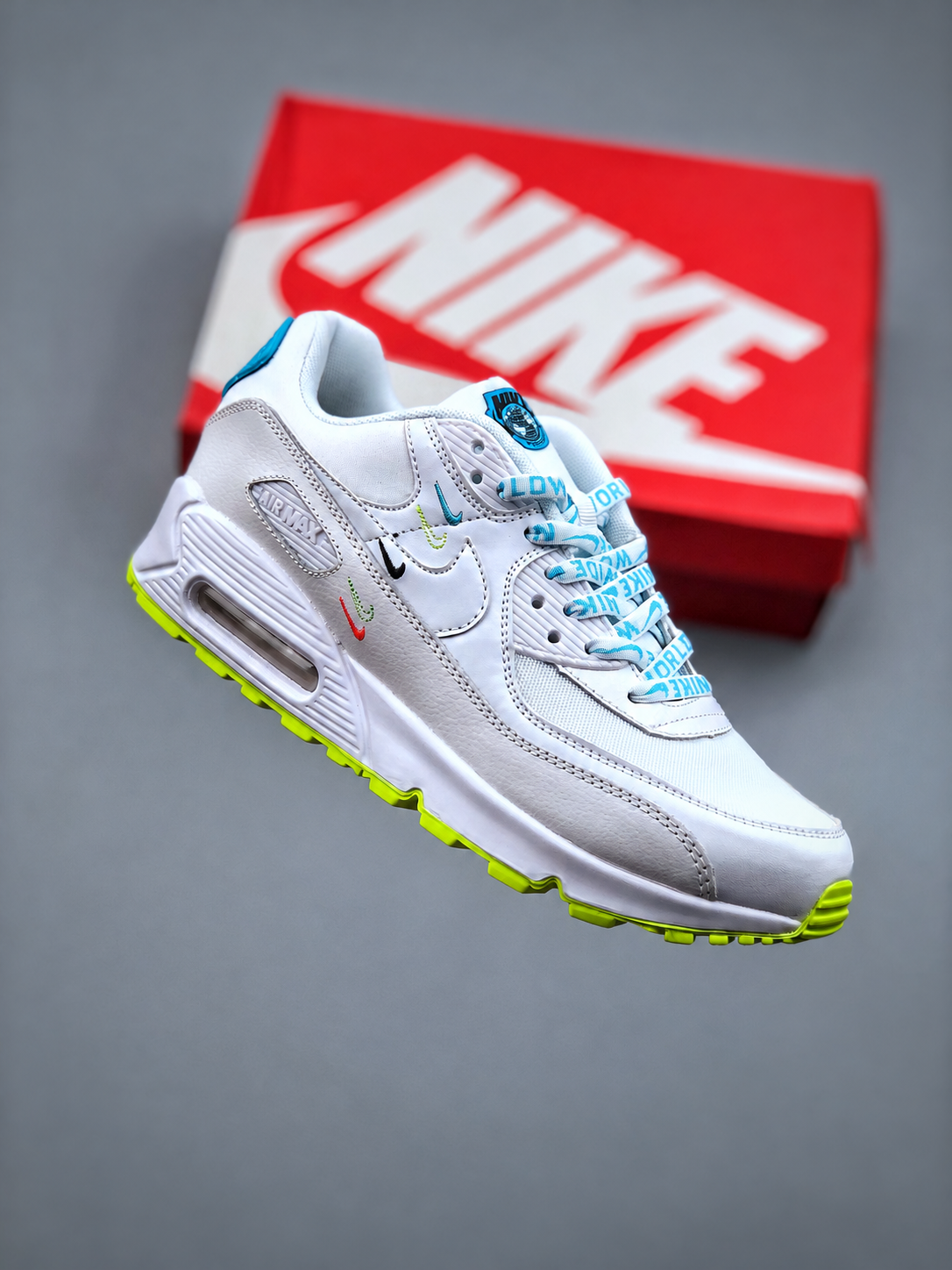 Nike Air Max 90, White Blue and Volt Multi Swoosh