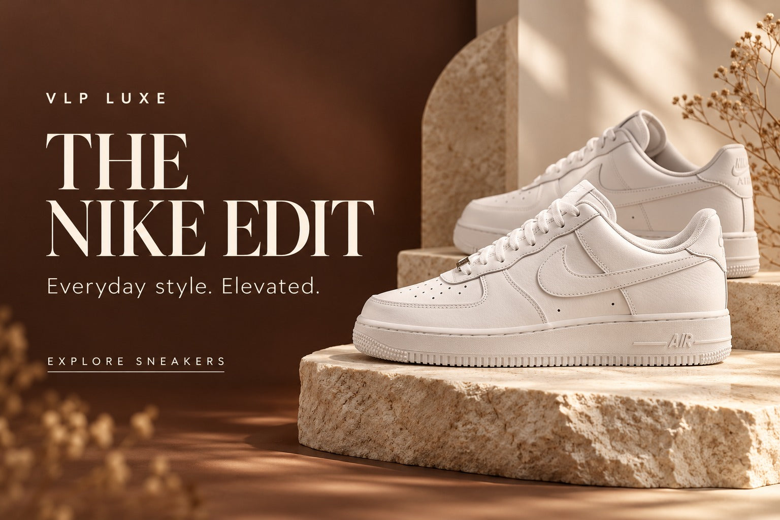 VLP Luxe Nike sneakers banner with white Air Force 1 shoes